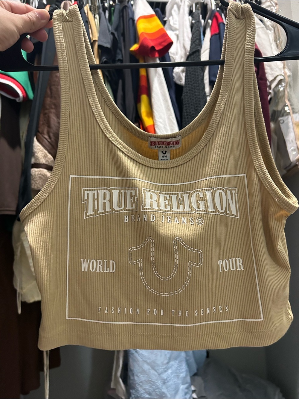 True Religion Tan Ribbed Logo Crop Tank Top